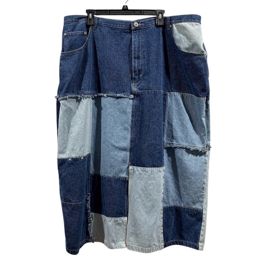 Patchwork Denim Midi Skirt in Mixed Blue Washes